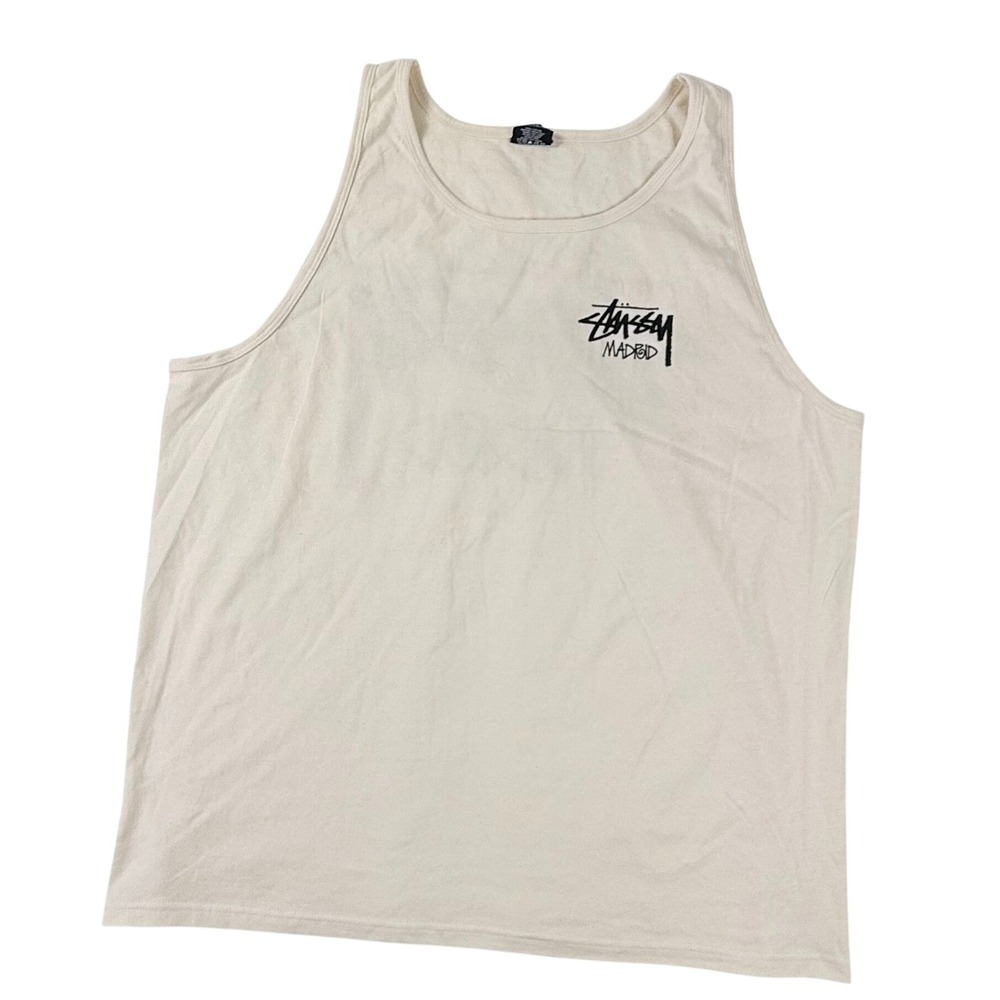 Stussy Madrid Graphic Tank Top Cream Mens XXL Sleeveless Shirt Cotton - Picture 2 of 7